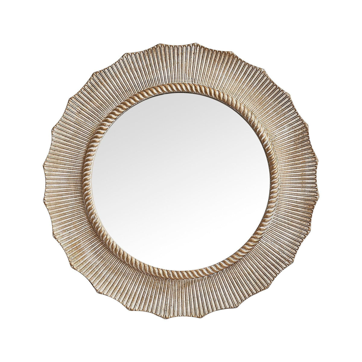 Round wall mirror with vintage-style ridged frame in light brown and tan.
