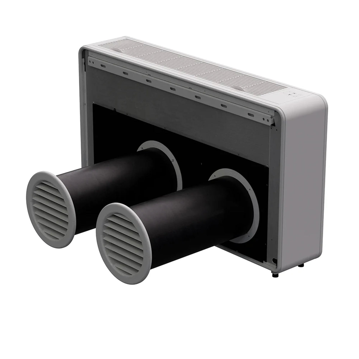 MRCOOL white monoblock air conditioner, front view with dual black air outlets