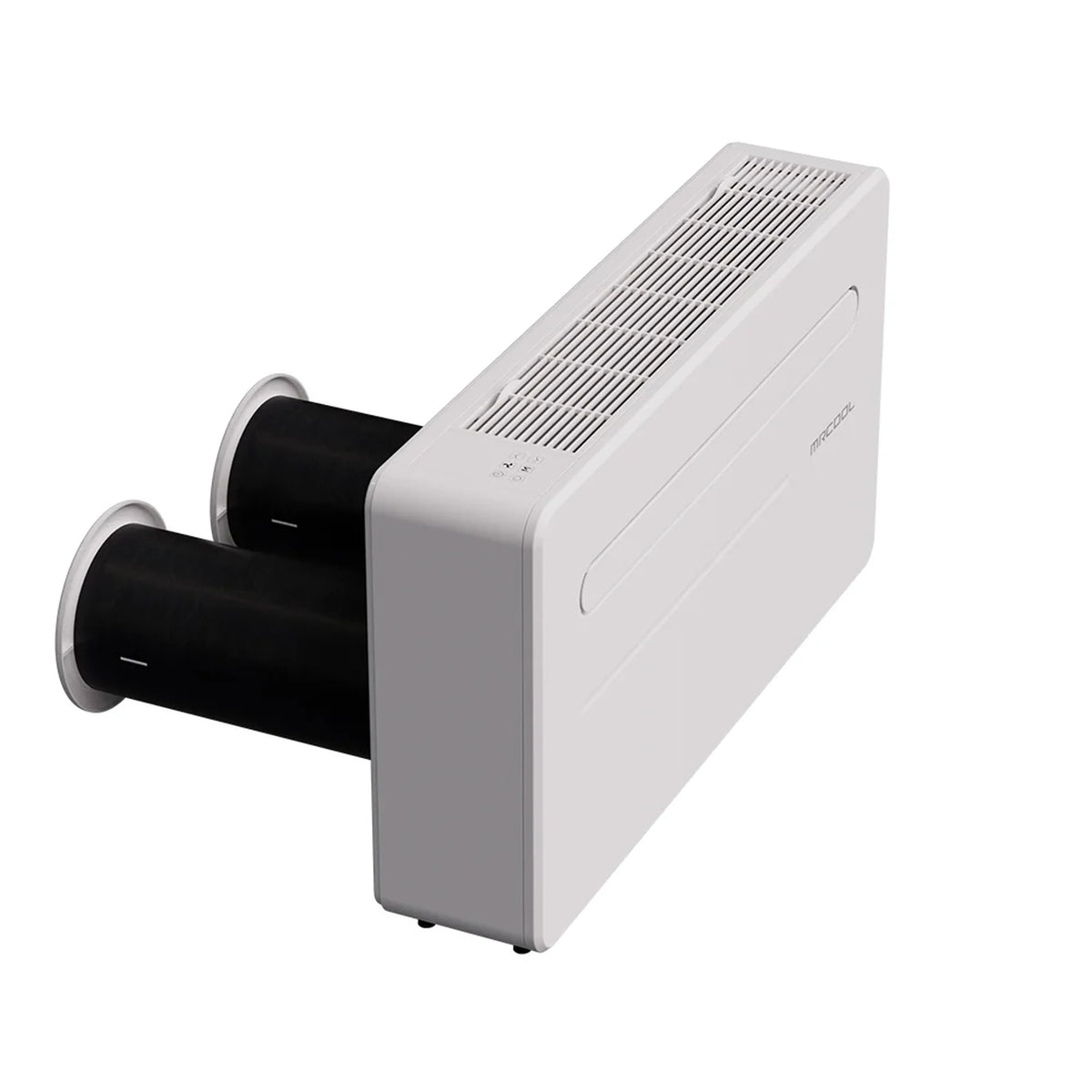 MRCOOL white monoblock air conditioner, front corner view with two black fan outlets