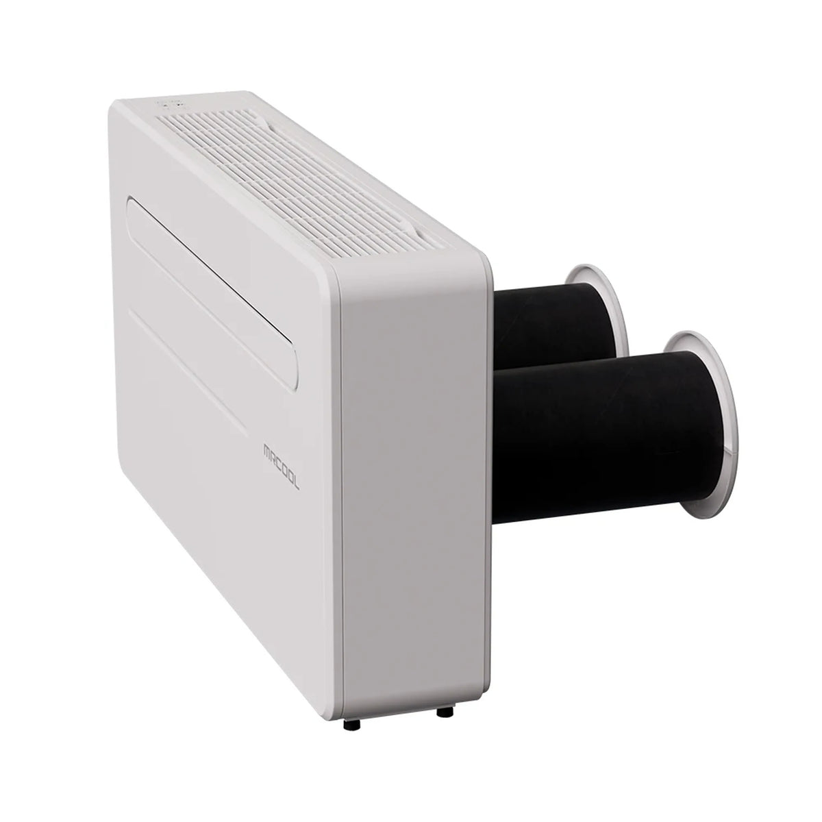 MRCOOL white monoblock air conditioner, angled view with front grille and outlet