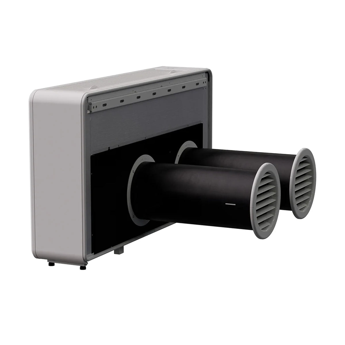 MRCOOL white monoblock air conditioner, side view with twin black air outlets