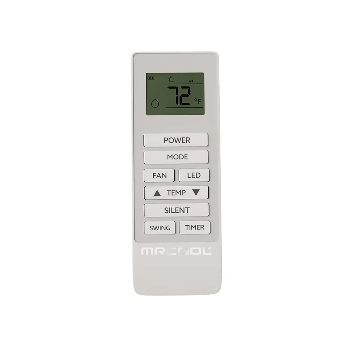 MRCOOL air conditioner remote with LCD display reading 72°F and function buttons