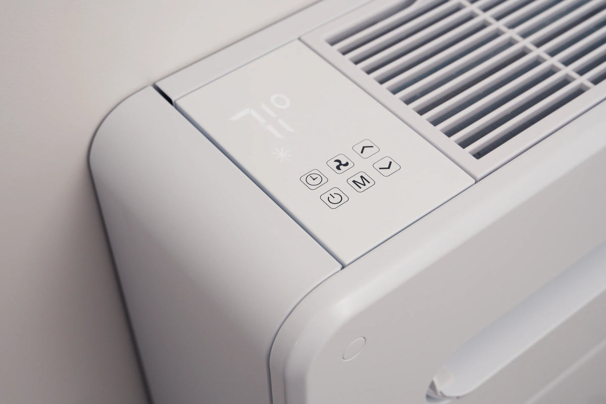 MRCOOL monoblock air conditioner control area with indicator icons on the panel