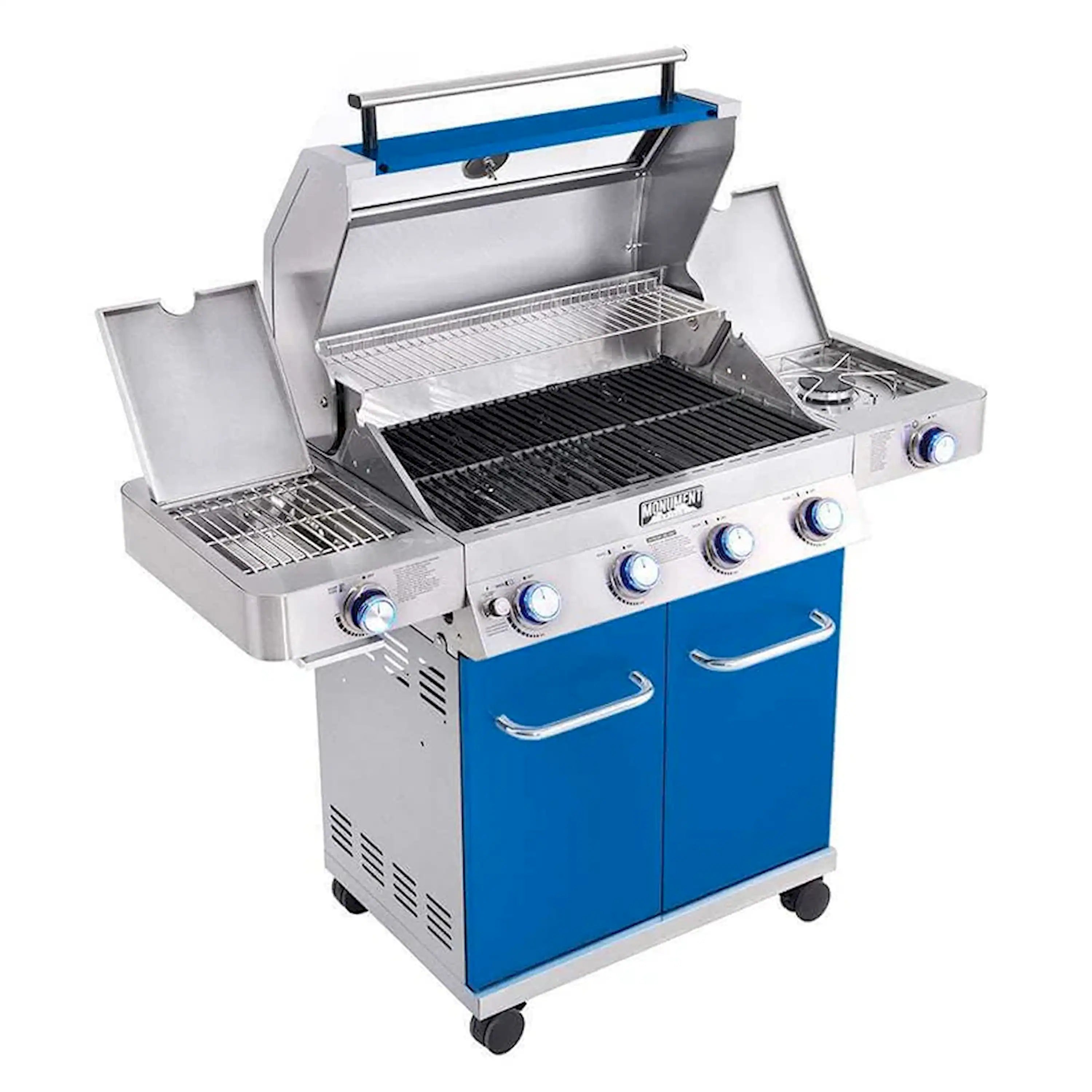 Blue infrared propane gas grill with open lid showing empty cooking grates