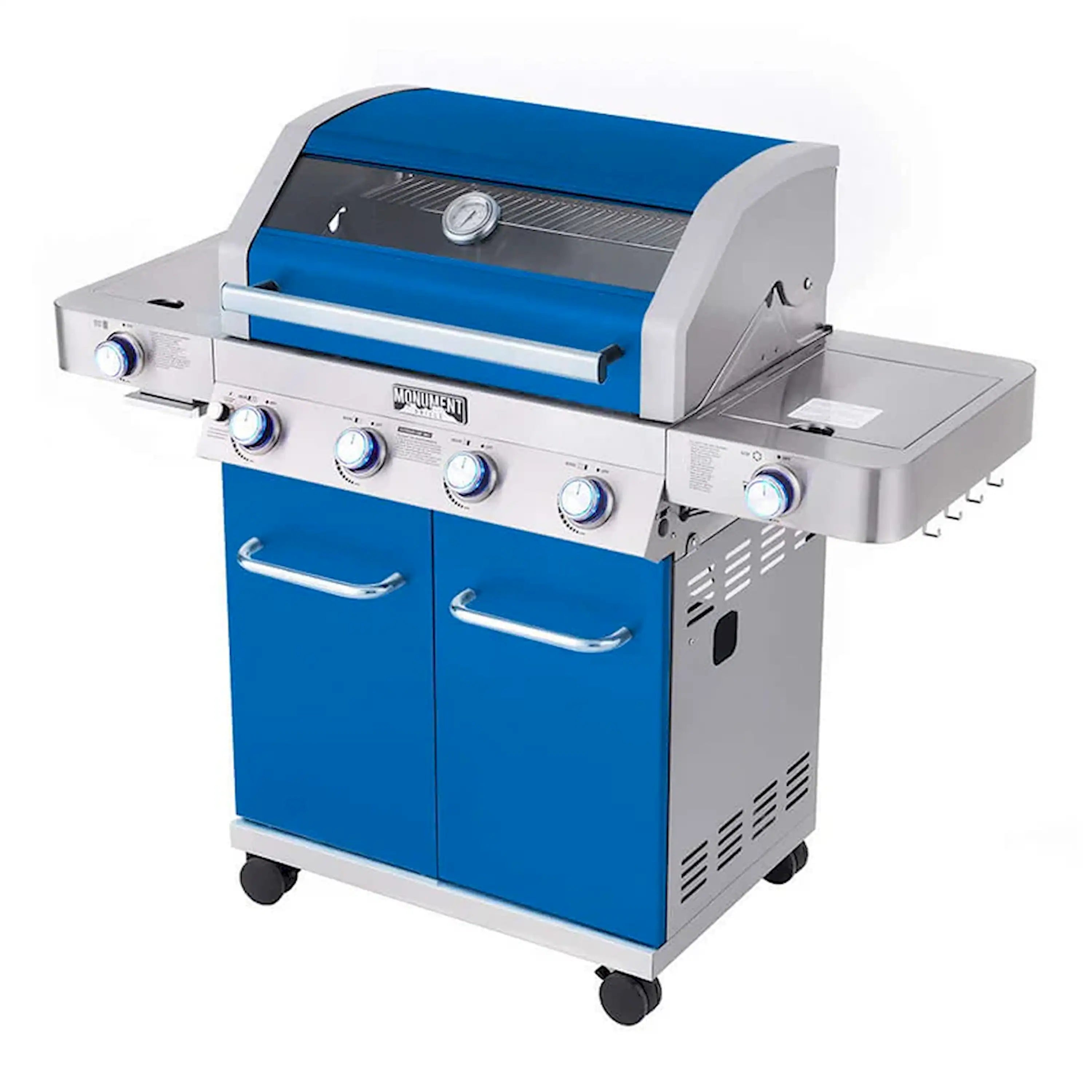 Blue and stainless infrared propane gas grill with side shelves