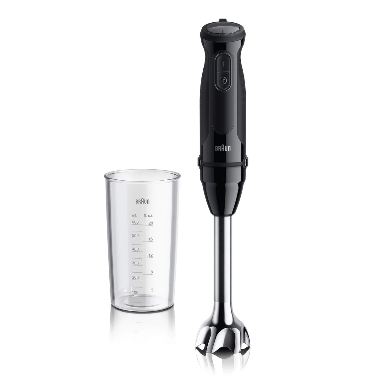 Braun black hand blender with stainless steel shaft and clear measuring beaker