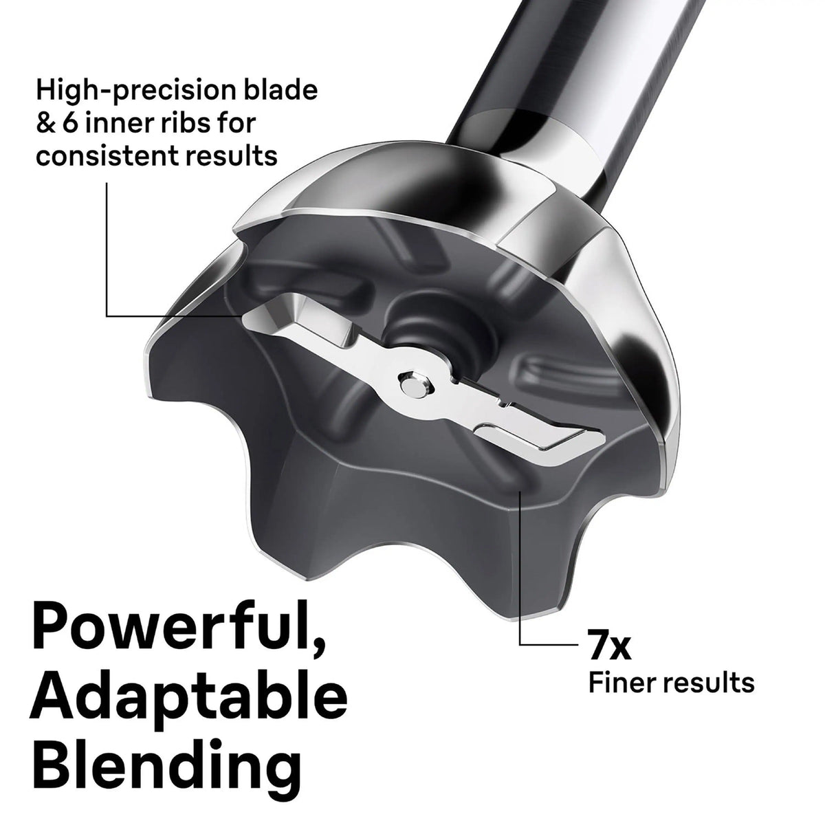 Black blending head with high-precision blade and inner ribs for consistent results