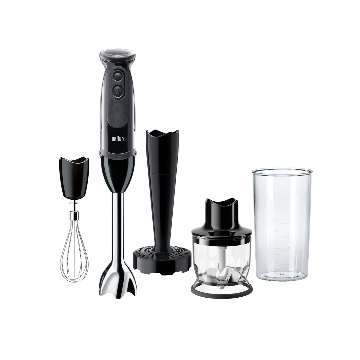 Black Braun multi-attachment hand blender set with whisk, chopper, and beaker
