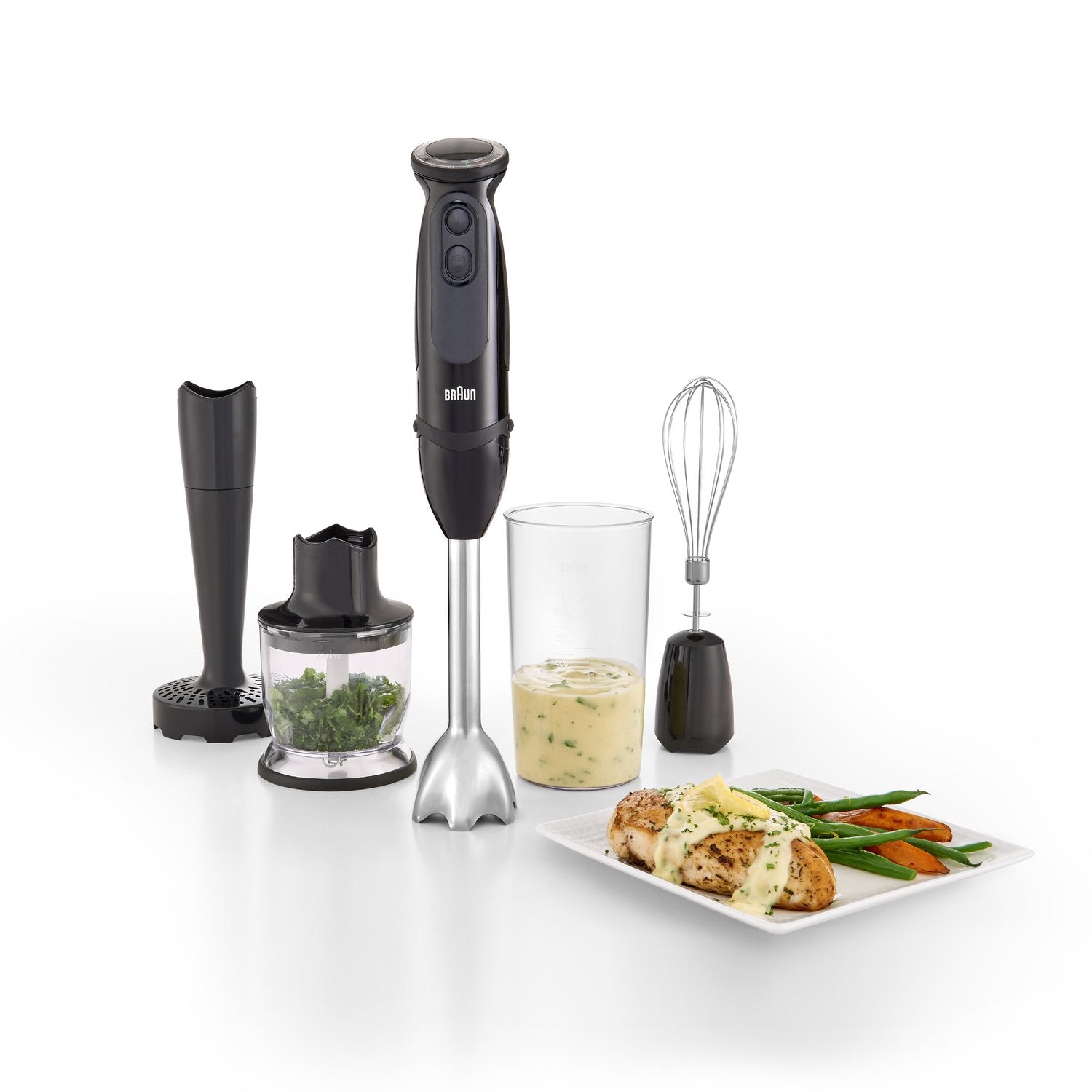Black hand blender set with SS blending shaft, whisk and chopper, includes beaker