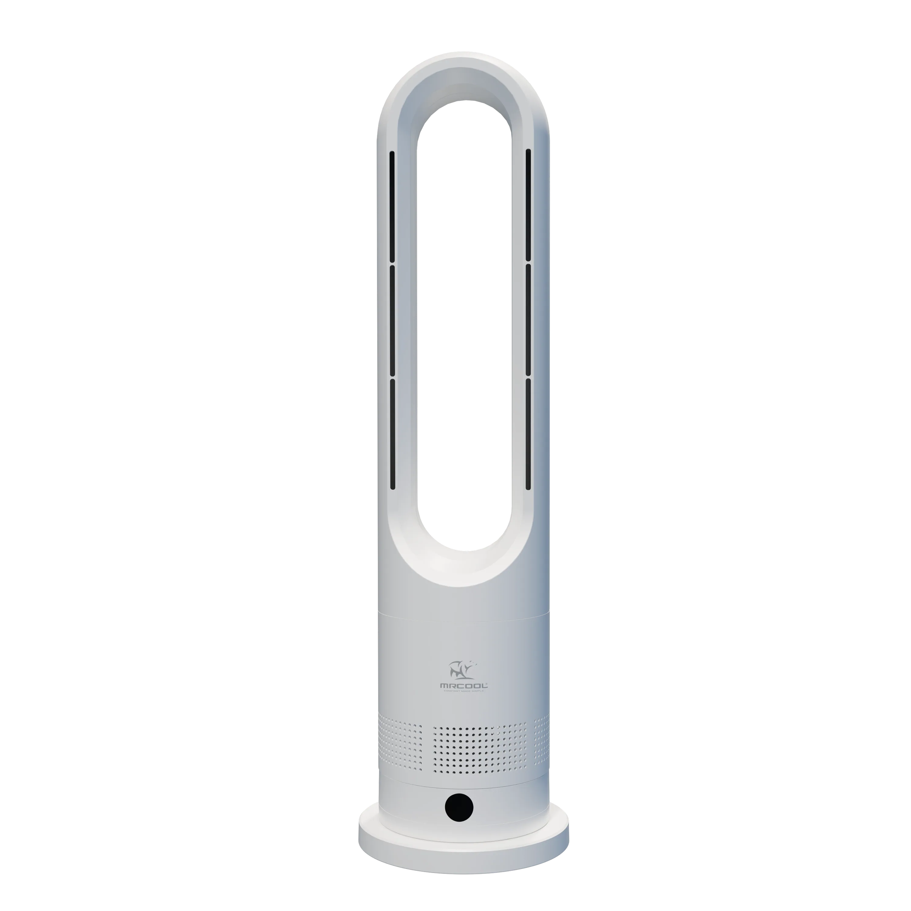 White bladeless tower fan with oval air outlet and base control button