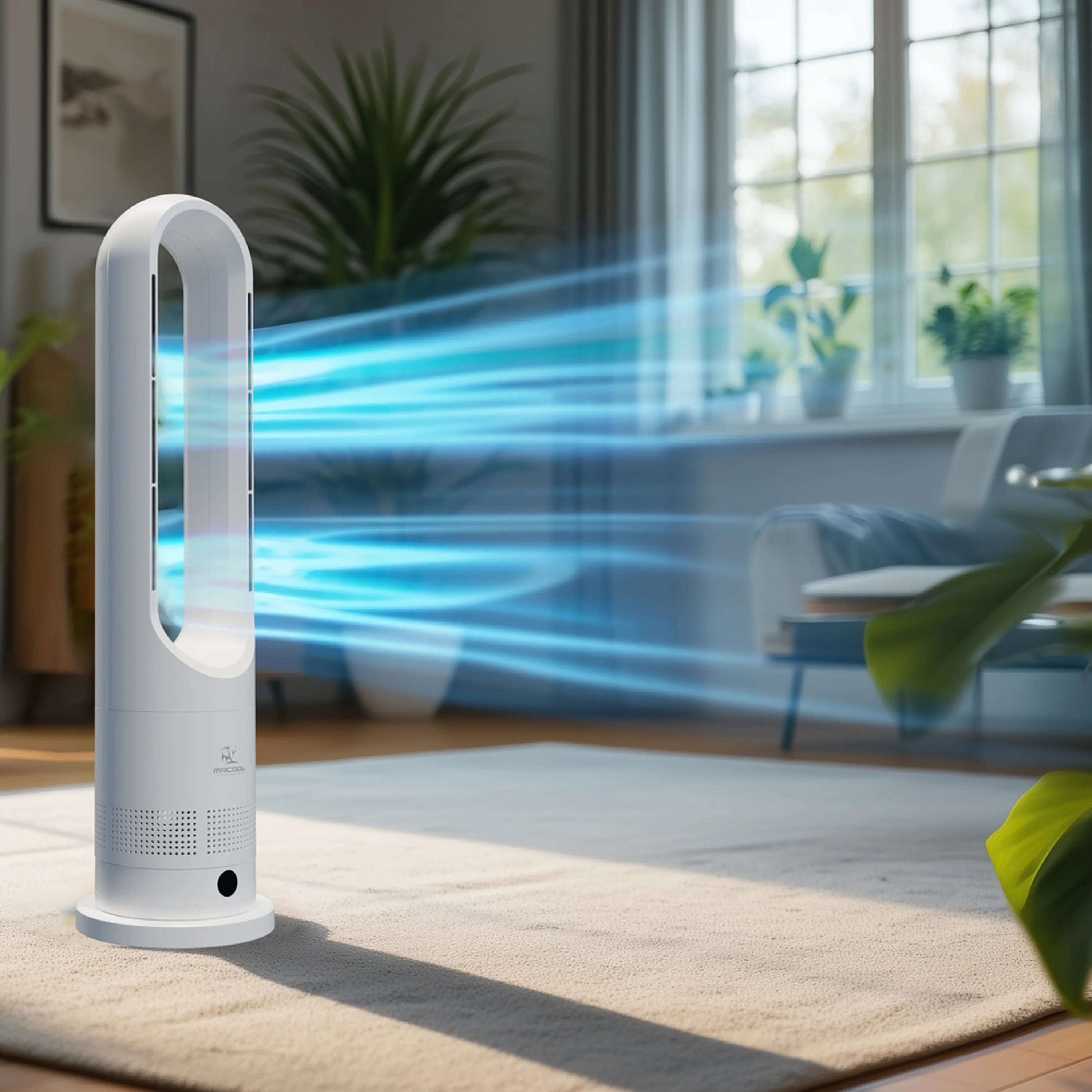White bladeless tower fan with visible blue airflow stream from top opening
