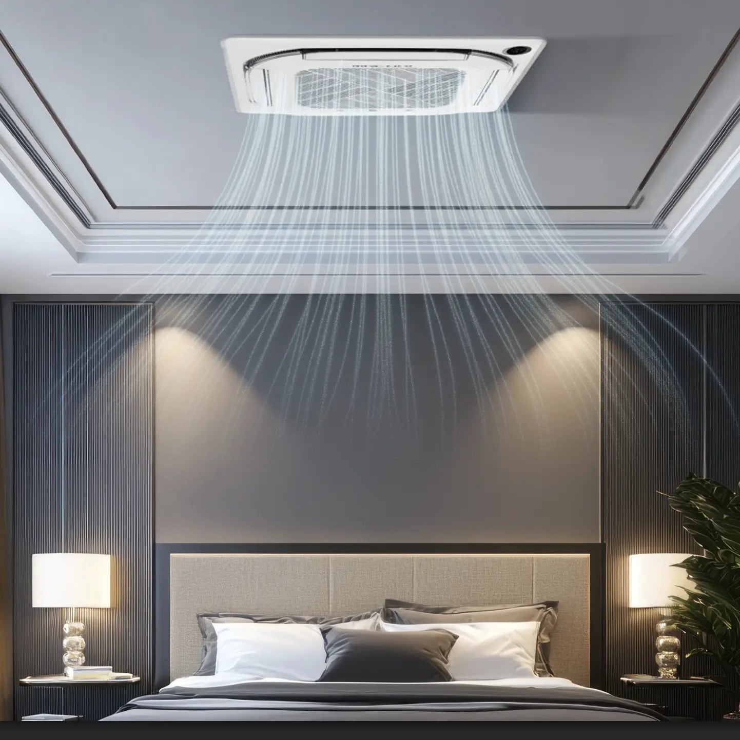 Flush ceiling air handler with front vent grille for airflow