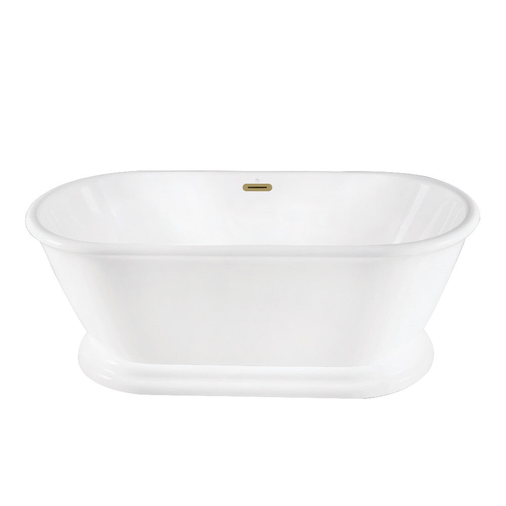 Glossy white acrylic oval tub with brushed brass drain opening and pedestal base