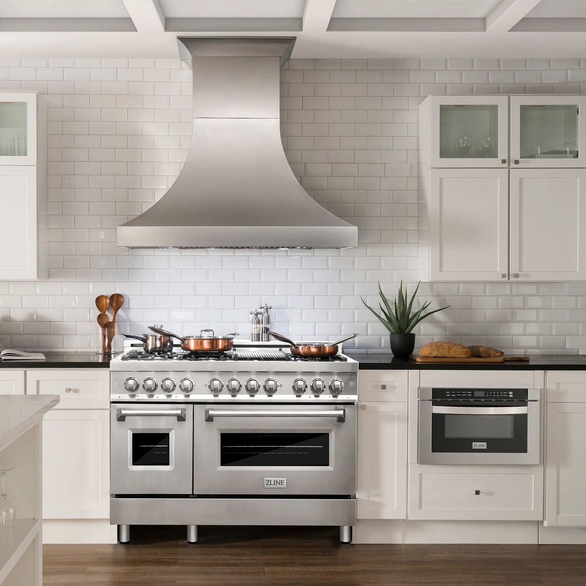 ZLINE 48-inch Legacy Series Dual Fuel Range with 7 Gas Brass Burners and 6.0 Cu. Ft. Electric Double Oven in Stainless Steel in a kitchen