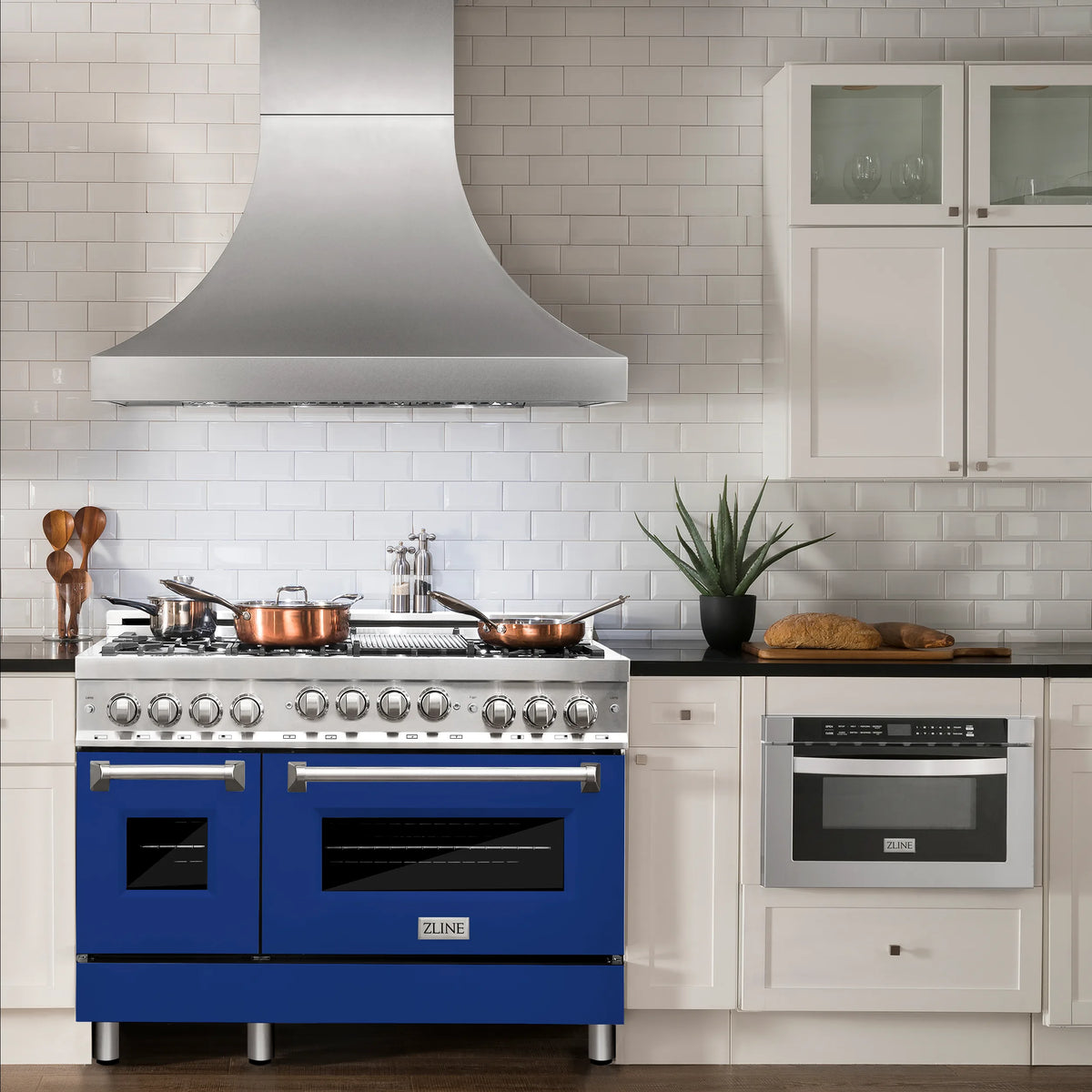 ZLINE 48-inch Legacy Series Dual Fuel Range with Blue Gloss Door in a kitchen