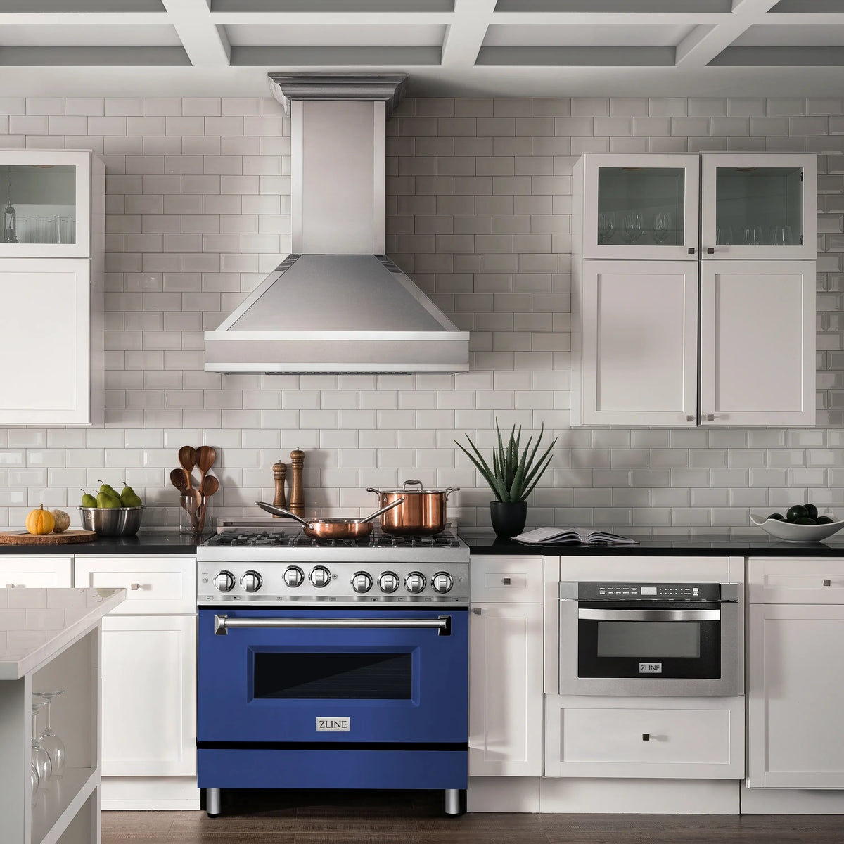 ZLINE 36-inch Legacy Series Dual Fuel Range with Blue Matte Door in a kitchen
