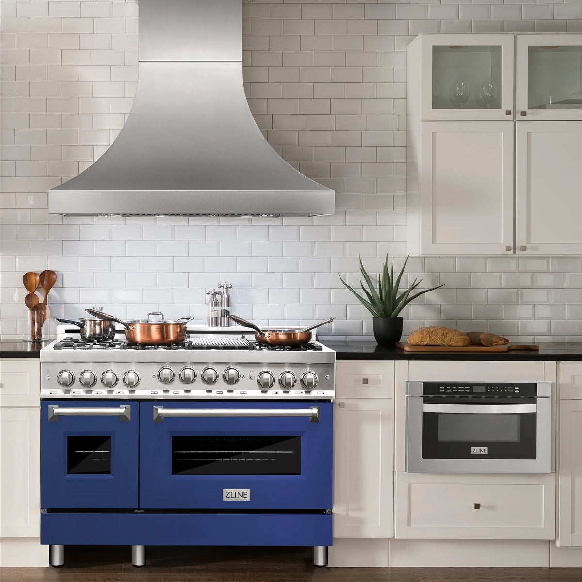 ZLINE 48-inch Legacy Series Dual Fuel Range with Blue Matte Door in a kitchen