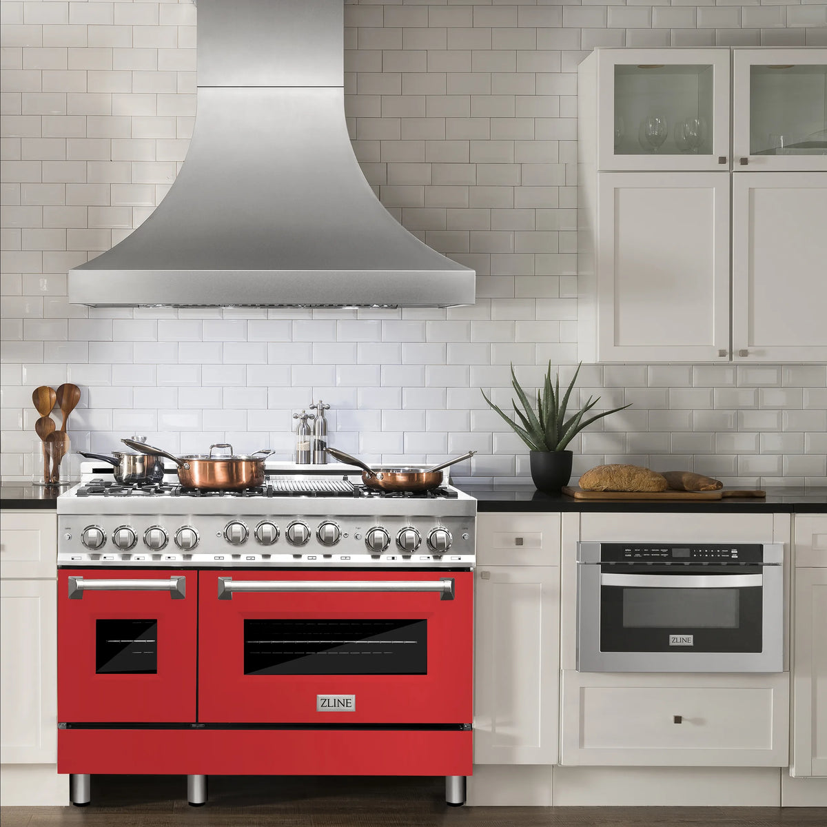 ZLINE 48-inch Legacy Series Dual Fuel Range with Red Matte Door in a kitchen