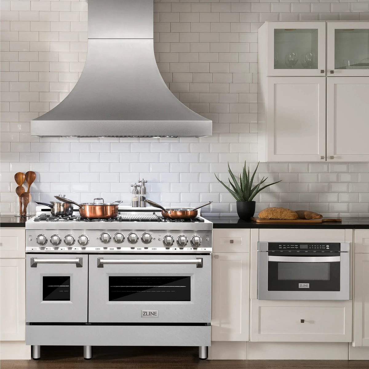 ZLINE 48-inch Legacy Series Dual Fuel Range with Fingerprint Resistant Satin Stainless Steel® Door in a kitchen