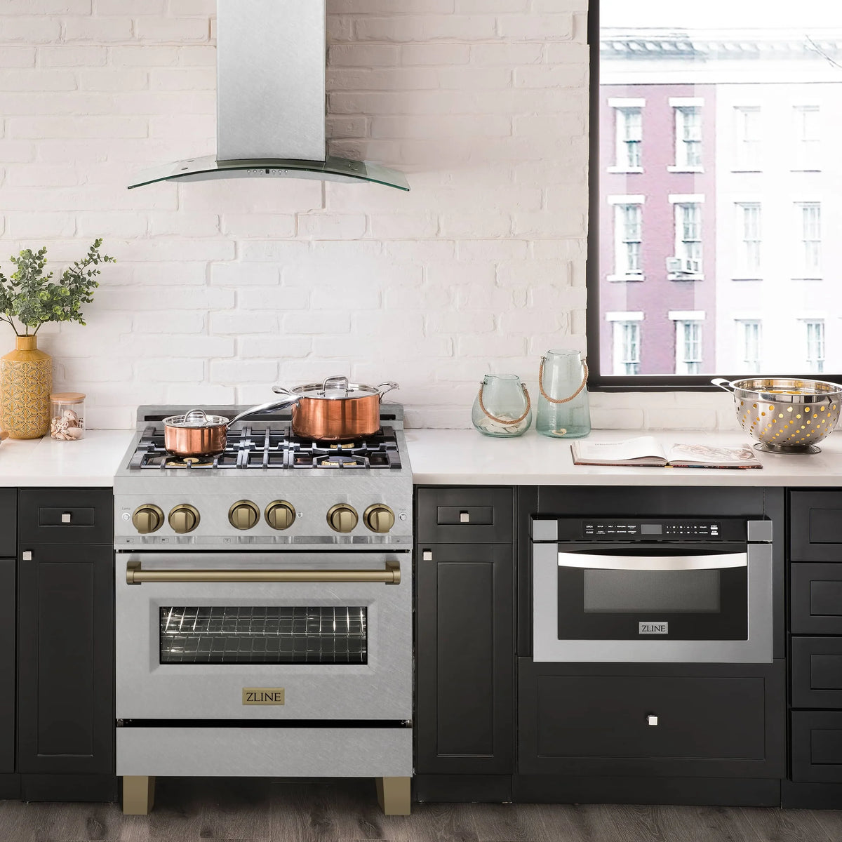 ZLINE Legacy Series Autograph Edition 30-inch Dual Fuel Range with Gas Stove and 4.0 Cu. Ft. Electric Oven in Fingerprint Resistant Satin Stainless Steel with Champagne Bronze Accents in a kitchen