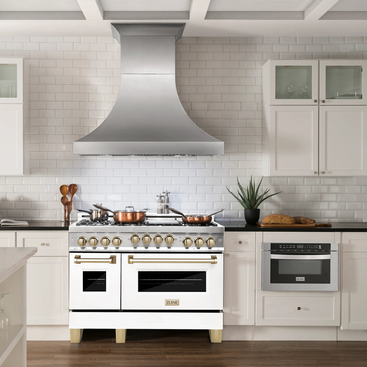 ZLINE Legacy Series Autograph Edition 48-inch Dual Fuel Range with Gas Stove and 6.0 Cu. Ft. Electric Oven in Stainless Steel with White Matte Doors and Gold Accents in a kitchen