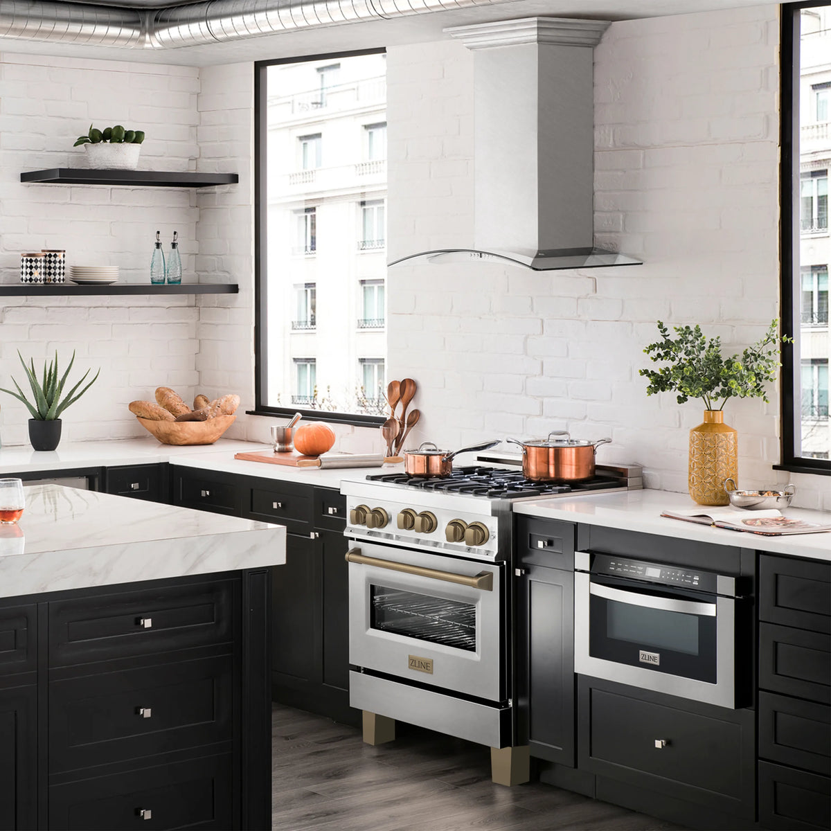ZLINE Legacy Series Autograph Edition 30-inch Dual Fuel Range with Gas Stove and 4.0 Cu. Ft. Electric Oven in Stainless Steel with Champagne Bronze Accents in a kitchen