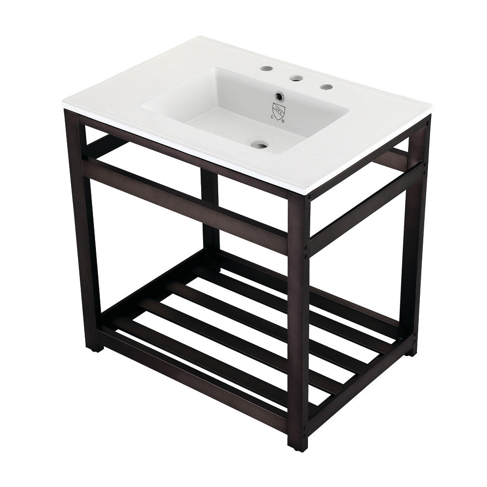 White ceramic console sink with dark bronze steel base and open lower shelf