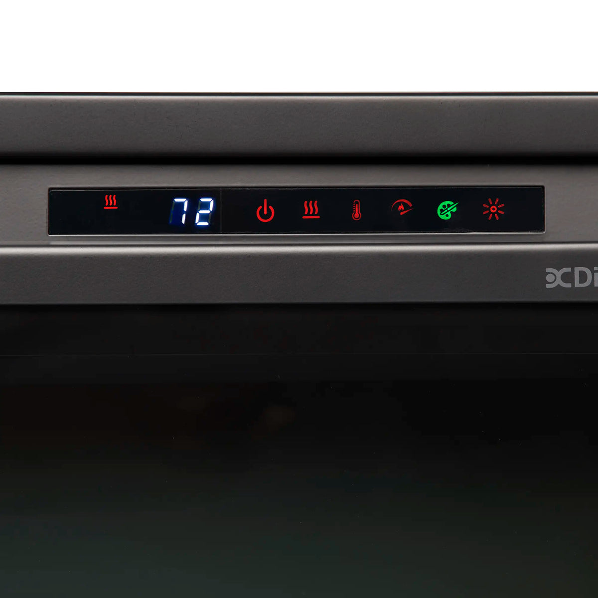 Black electric firebox control panel showing blue 12 and flame/heat icons