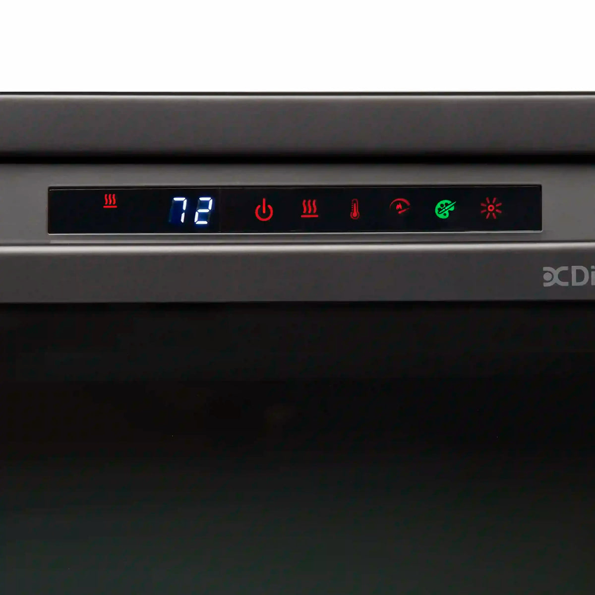 Electric firebox control panel showing 12° temperature and colored icon buttons
