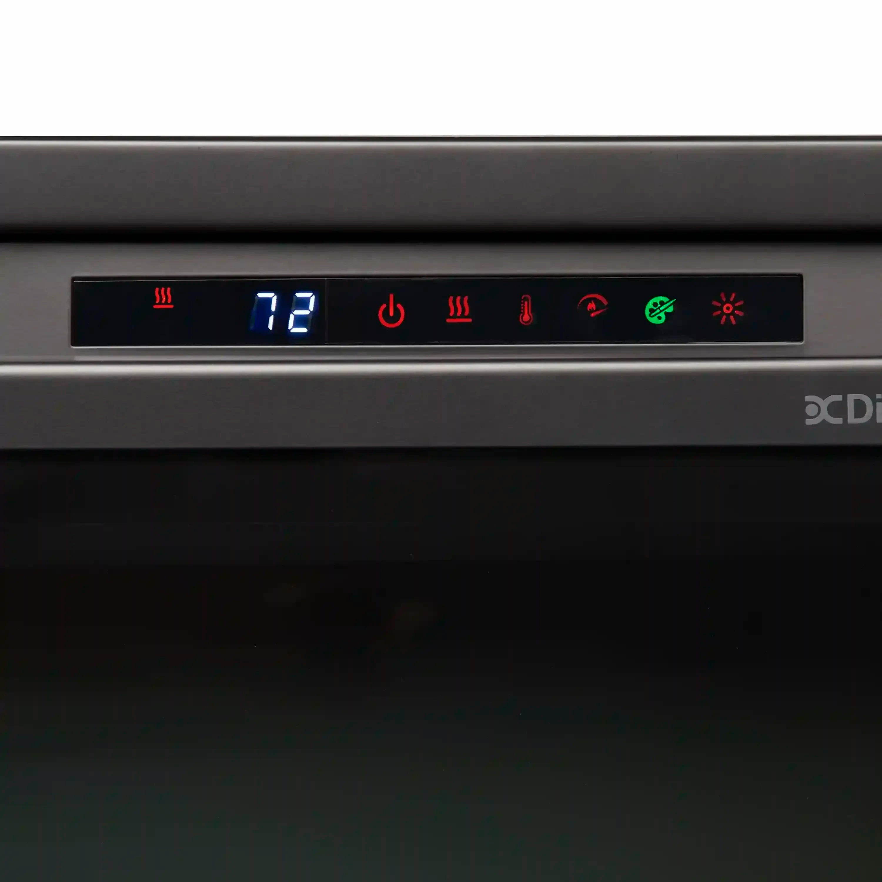 Firebox control panel with blue temperature display and colored mode icons