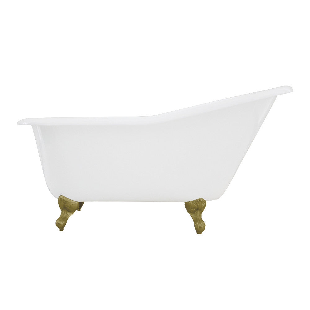 White oval slipper clawfoot bathtub with brushed brass feet, no faucet holes