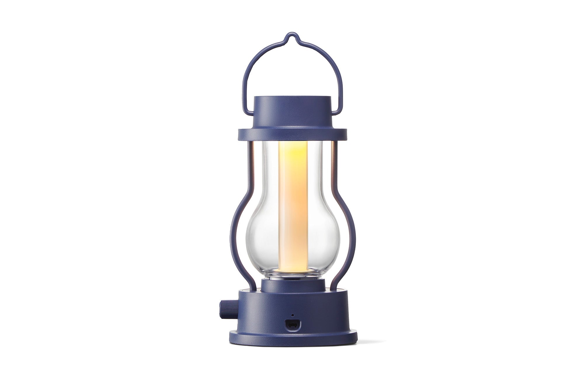 Navy LED rechargeable lantern with arched handle, clear glass, and base control