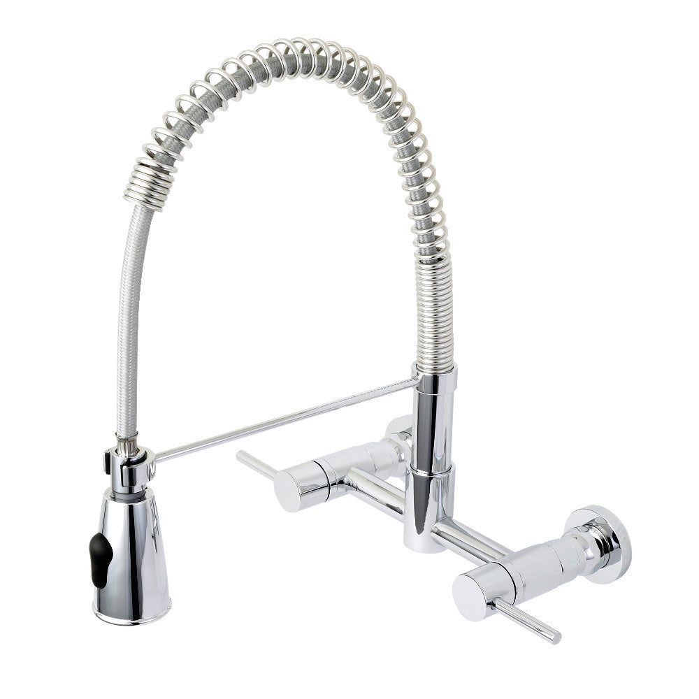 Polished chrome wall-mount pre-rinse kitchen faucet with dual handles and sprayer
