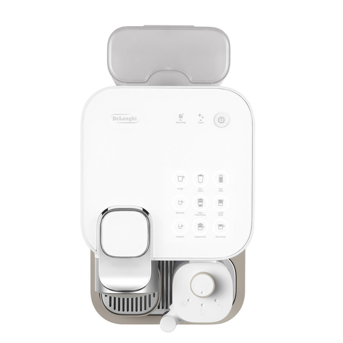 White Nespresso coffee machine with open lid showing buttons and program icons