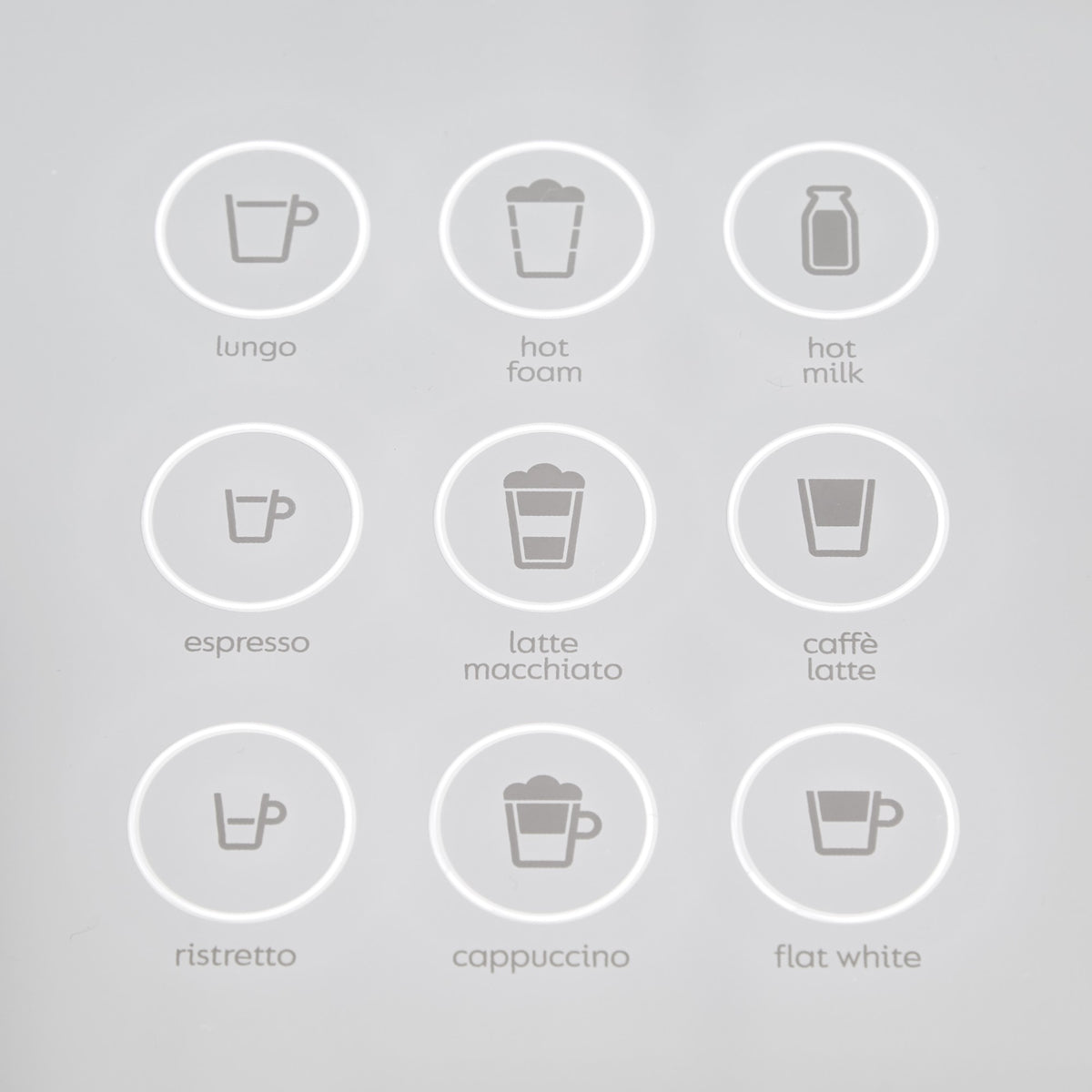 White Nespresso coffee machine control panel with drink icons and buttons