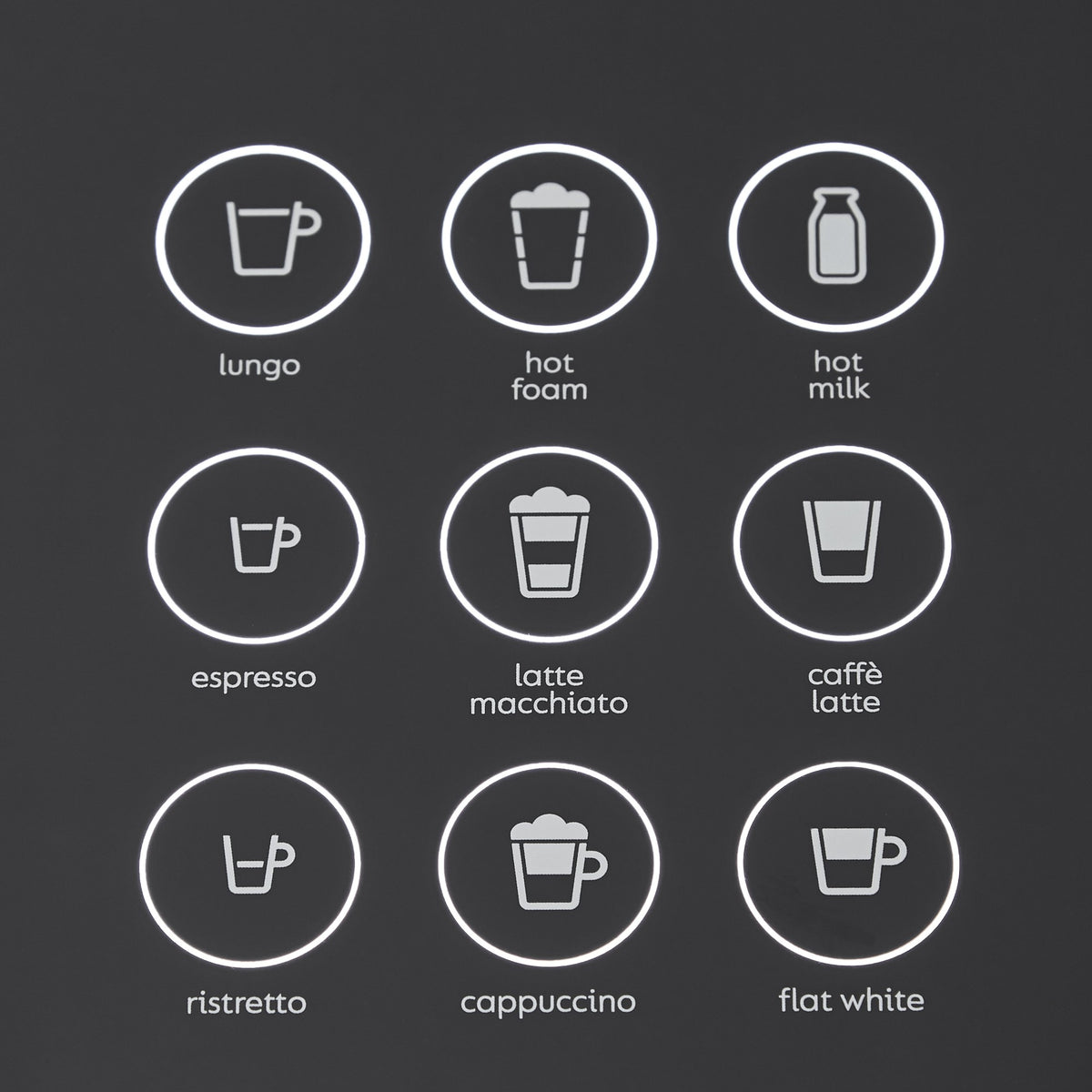Espresso machine panel icons: lungo, hot foam, hot milk, espresso