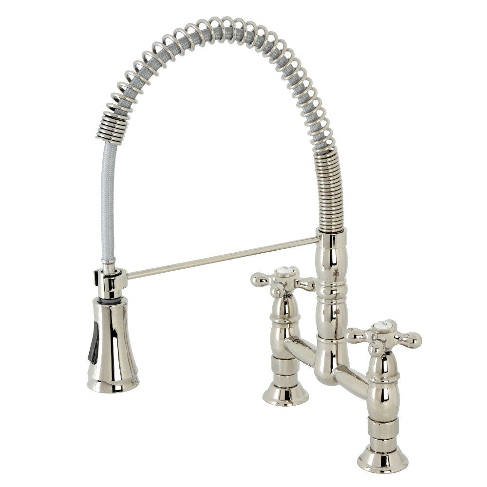 Polished nickel deck-mount bridge kitchen faucet with double handles and coiled pre-rinse hose