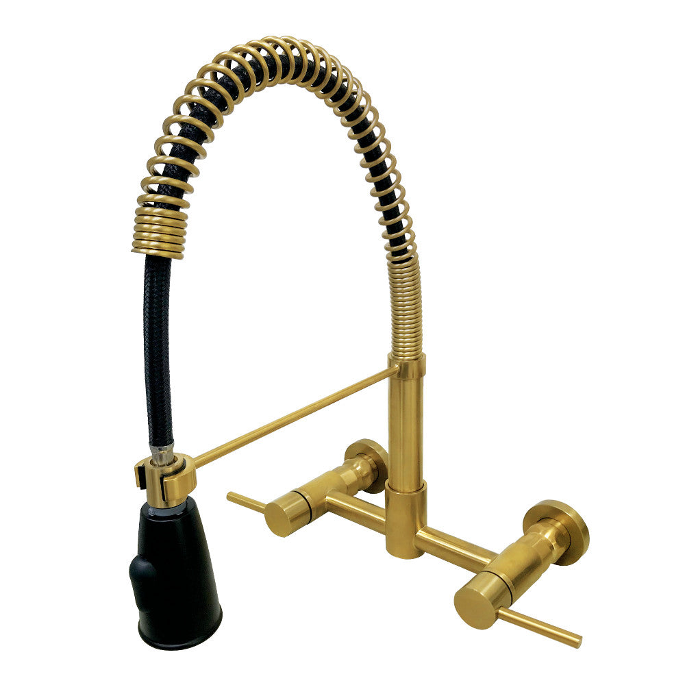 Brushed brass wall-mount pre-rinse bridge kitchen faucet with two lever handles and hose