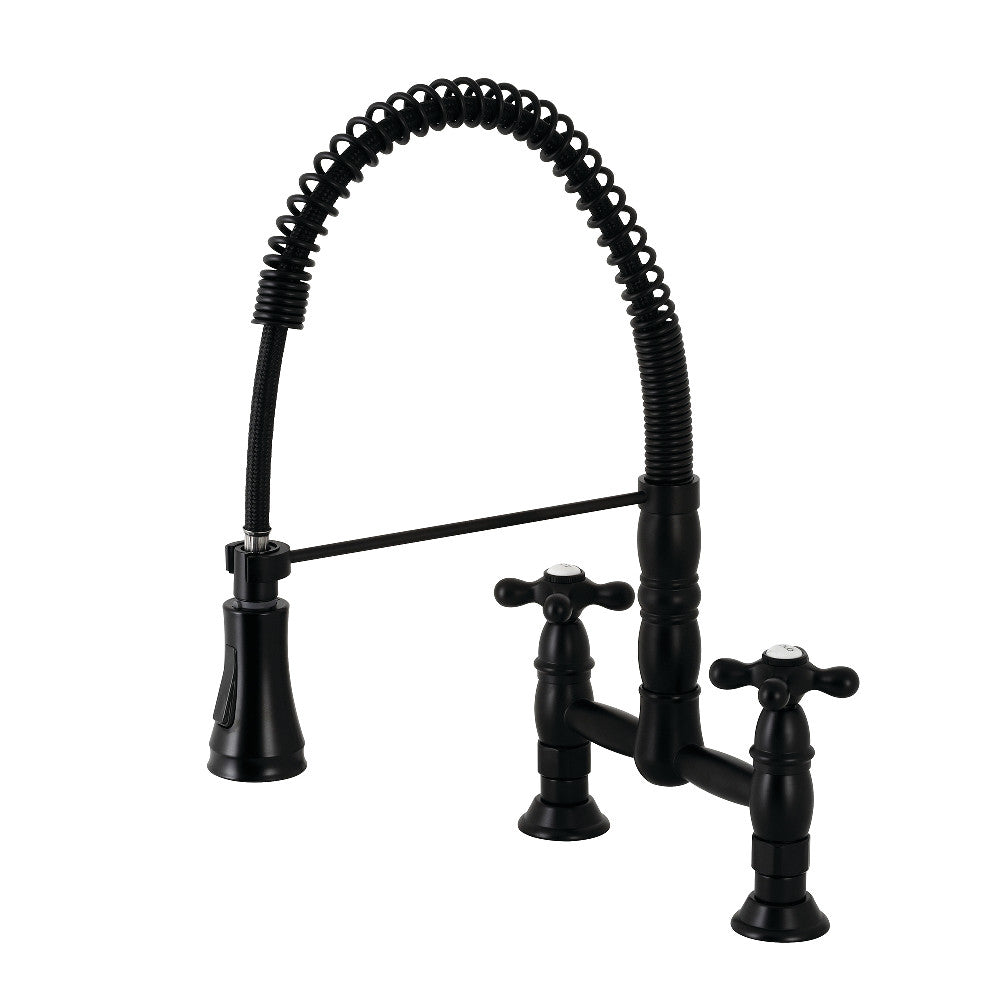 Matte black deck-mount kitchen pre-rinse faucet with double handles and arched hose