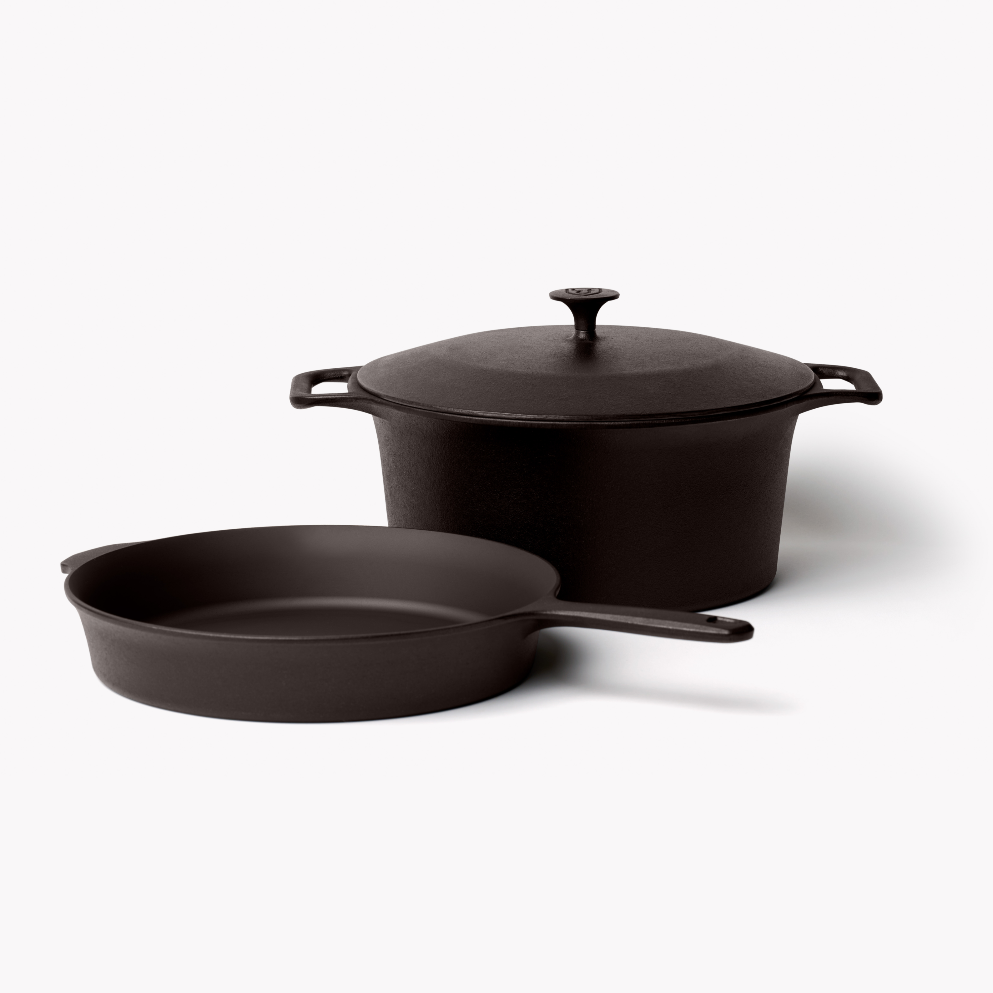 Cast-iron dutch oven with lid and skillet with handle, dark finish