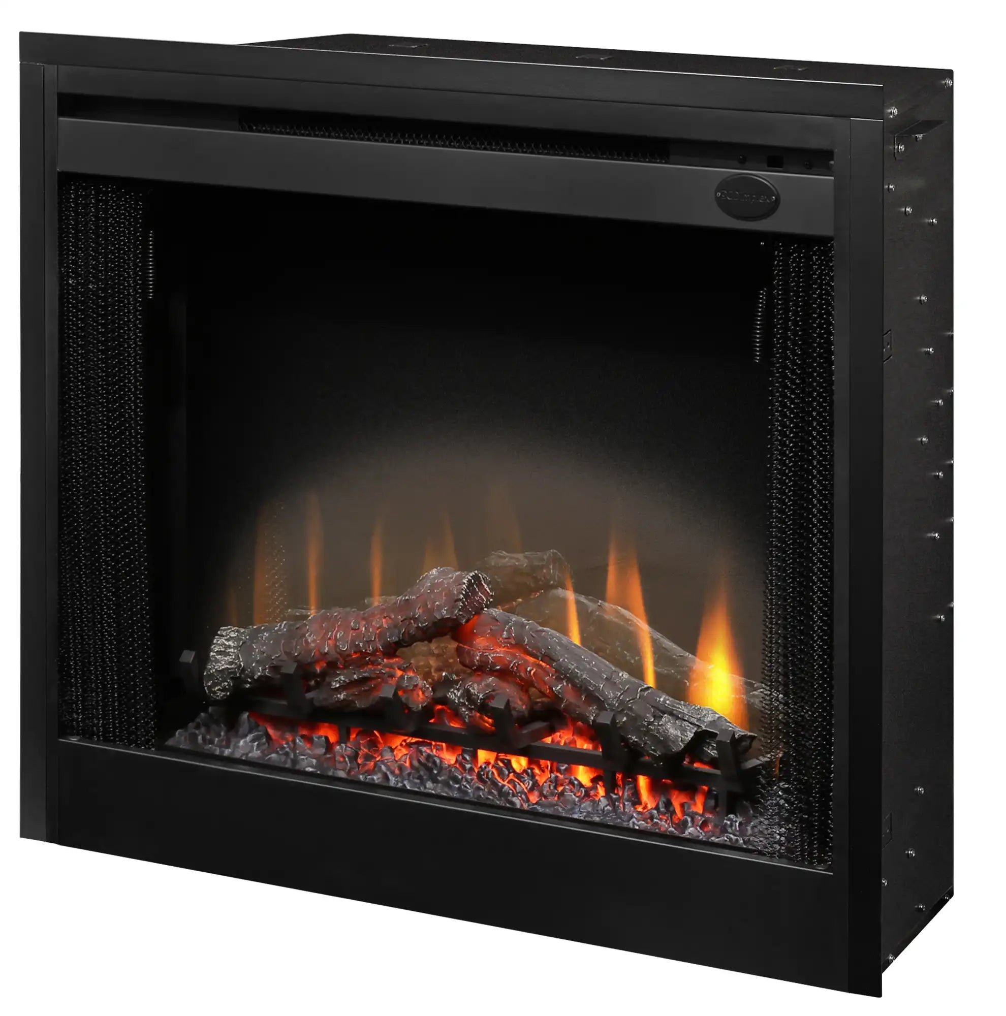 Black slimline electric fireplace insert with glass front and glowing flame effect