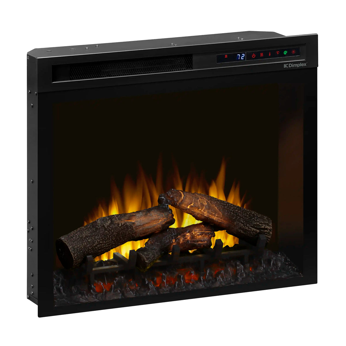 Dimplex electric firebox angled view showing glowing logs and flame effect