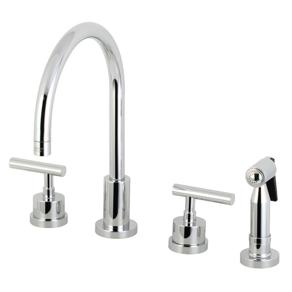 Polished chrome widespread kitchen faucet with two handles and brass pull-down sprayer