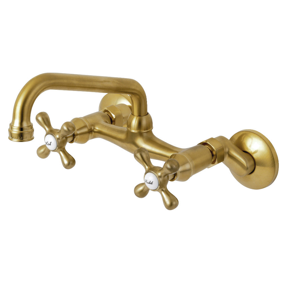 Brushed brass bridge kitchen faucet with double cross handles