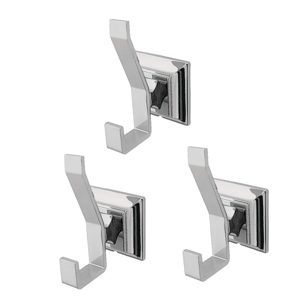 Polished chrome robe hook set with three wall-mounted towel hooks