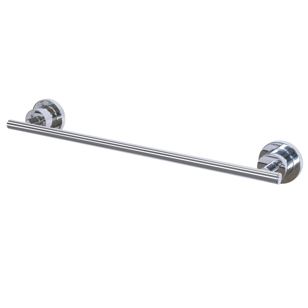 Single towel bar with polished chrome finish and round wall-mount end caps