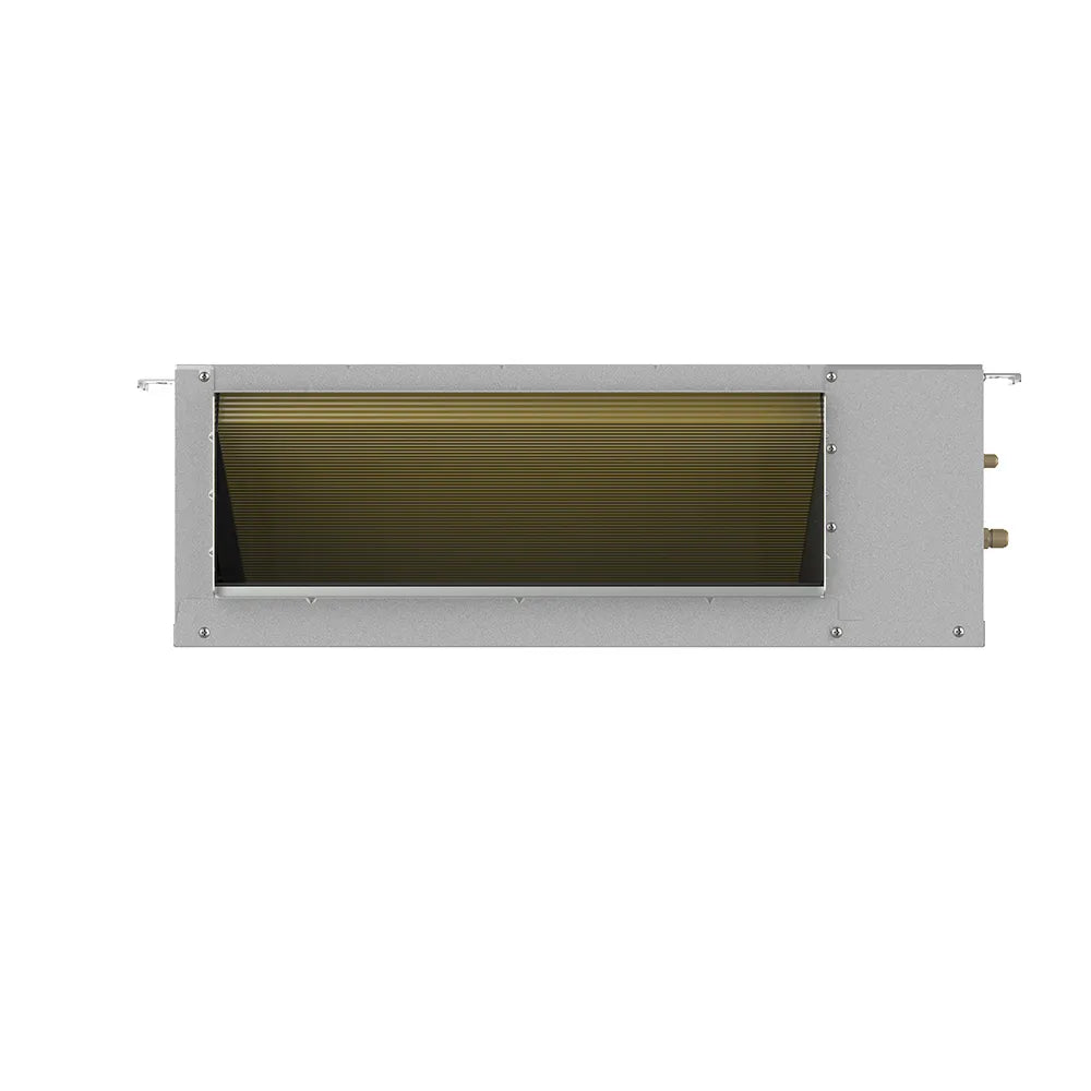 Ducted mini-split air handler indoor unit front view with exposed coil and side connections, grey.