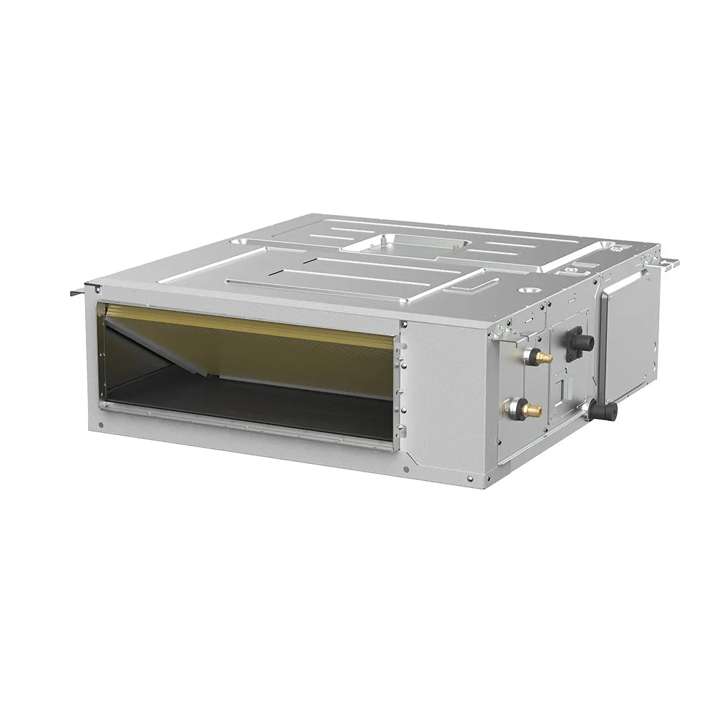 Ducted mini-split air handler indoor unit top view with open access and coil, grey metal.