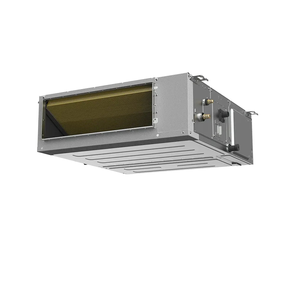 Ducted air handler with open access panels and bronze filter face, gray frame