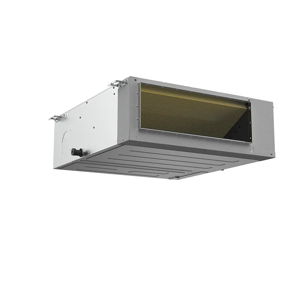 Ducted air handler unit with open front and bronze filter face, gray housing